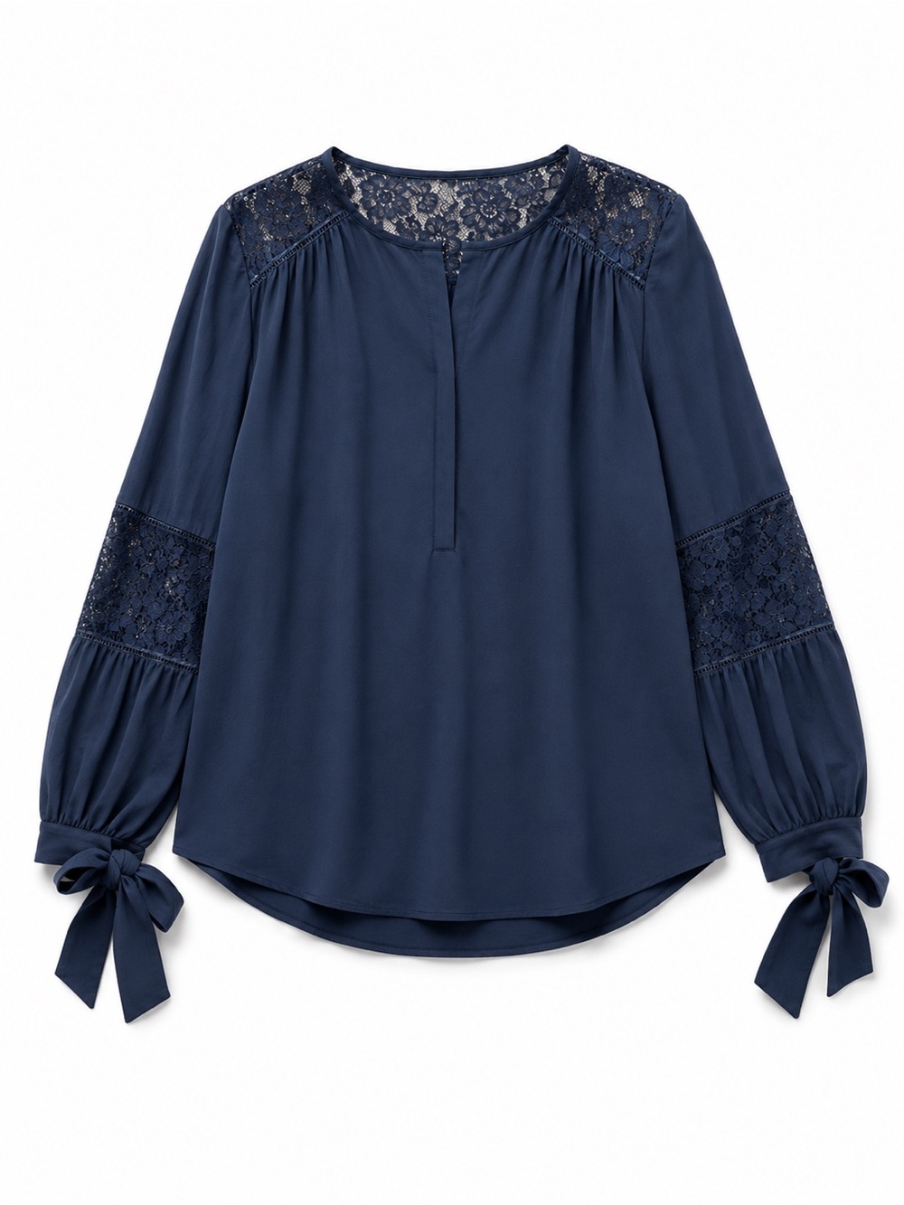 Rebecca Taylor Navy Lace-Trim Tie Cuff Blouse